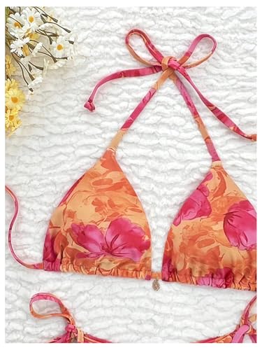 Verdusa Women's 2 Piece Boho Floral String Bikini Set Halter Triangle High Cut Swimsuit4