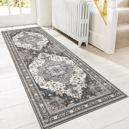 GENIMO 2X5 Hallway Runner Rug, Machine Washable Non Slip Vintage Floral Patchwork Runners, Thin Low Pile Chenille Carpet Runners for Entryway, Kitchen, Bathroom, Bedroom, Slate Gray
