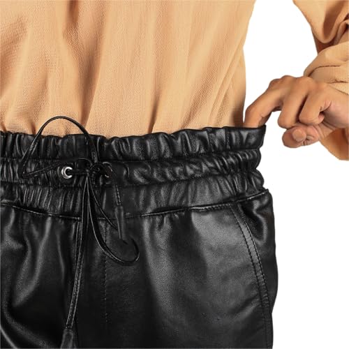 Women's Genuine Lambskin Classic Flare Leather Pants (Black, Leather Joggers) - 24240014