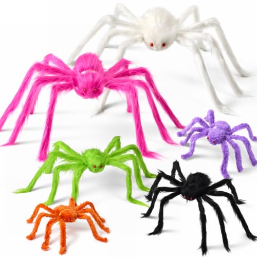 Image of JOYIN 6 Packs Halloween Outdoor Decorations Colorful Giant Spiders Set, Halloween Decor Outside, Multicolor Hairy Large Spider with Different Size for Lawn, Yard Decor (30 inch, 30 inch, 20 inch, 20 inch, 12 inch, 12 inch)