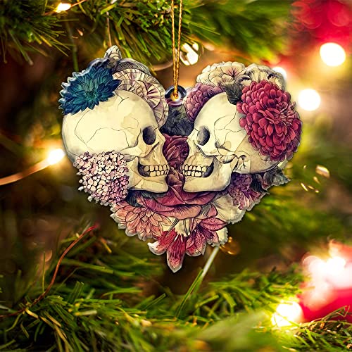 Wodoro Skull Couple Love Christmas Ornament Tree Decor 2D Flat (Not 3D Ornament), Gifts For Couple, Gifts For Her, Gifts For Him, Rear View Mirror Car Accessories, Engagement Wedding Anniversary (01) #TOP2