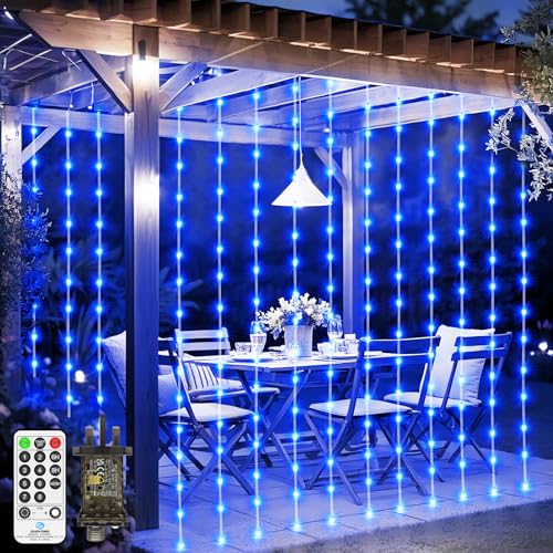 300 LED Curtain Lights Indoor Outdoor, 3m x 3m Fairy Lights Plug In IP65 Waterproof Connectable Waterfall String Lights with Remote 8 Modes Timer for Room Garden Wall Party Wedding Decorations-Blue