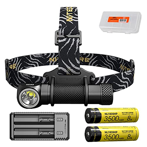 Crazy Clearance NITECORE HC33 1800 Lumen Versatile L-Shaped LED Headlamp with Two Rechargeable Batteries, 2-Channel USB Battery Charger and LumenTac Organizer