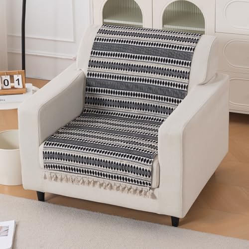 Image of HOKIPO 'Artisan Boho Series' 450 GSM Sofa Cover with Tassels | Multicolor Cotton Acrylic Jacquard Slipcover for 1 Seater Sofa, Size 152x60 cm, Charcoal Black (IN-907-A3)