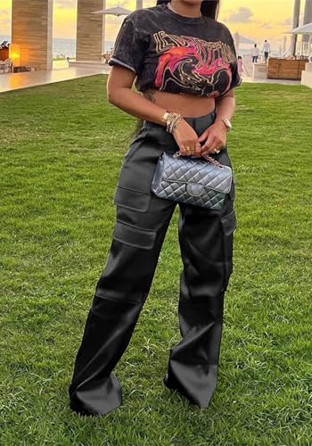 Women Satin Cargo Pants High Waisted Straight Wide Leg Casual Pants Multi Pockets Club Y2k Trousers2