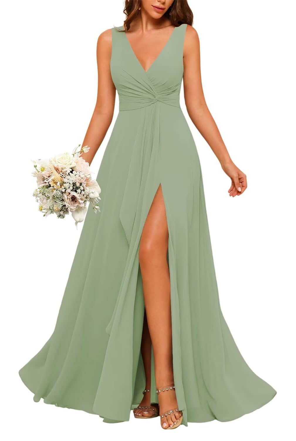 Hppee Women's Sage Green V Neck Chiffon Bridesmaid Dresses For With Slit Beach Formal Dress For Wedding Party Uk12