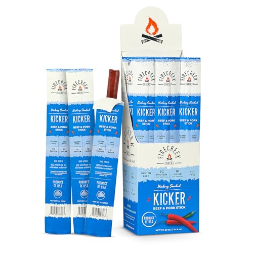 Beef Sticks by FireCreek Snacks, Hickory Smoked Meat Sticks (Jerky Sticks), 20 Pack (1 oz), 7g Protein, 110 Calories, Gluten Free, Soy Free, No MSG (20, Kicker)