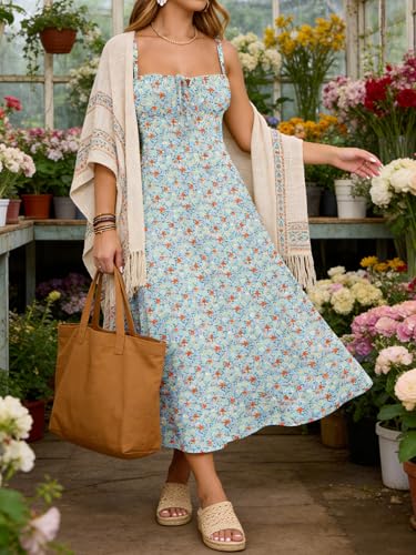 Image of YATHON Women's Summer Midi Corset Boho Dresses Spring Casual Floral Spaghetti Straps Lace Up Dress Flowy Aline Beach Sundress