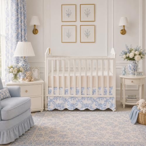 Image of Brandream Scallop Edge Organic Cotton Crib Skirt Girls Toddler Bedskirt Baby Nursery Crib Bed Skirt French Vintage Cottagecore Rose Flowers Bows Neutral Light Blue Farmhouse Chic Boho Bohemian Skirt