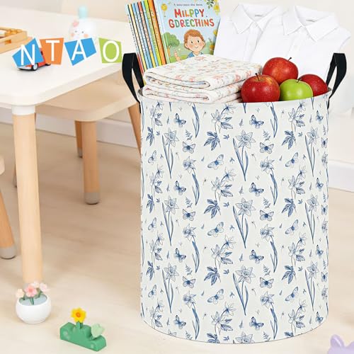 Image of 62L Blue Floral Butterfly Waterproof Laundry Hamper with Durable Leather Handle,Kids Collapsible Storage Basket for Nursery,Playroom, Bedroom(Indigo Flowers）