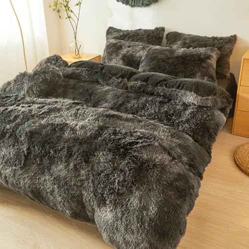 Fluffy Faux Fur Tie Dye Black Comforter Cover Twin Set – Plush Fluffy Tie Dye Black Bedding 2-Piece Set (1 Furry Duvet Cover + 1 Shaggy Pillow Sham) Cozy Bed Set