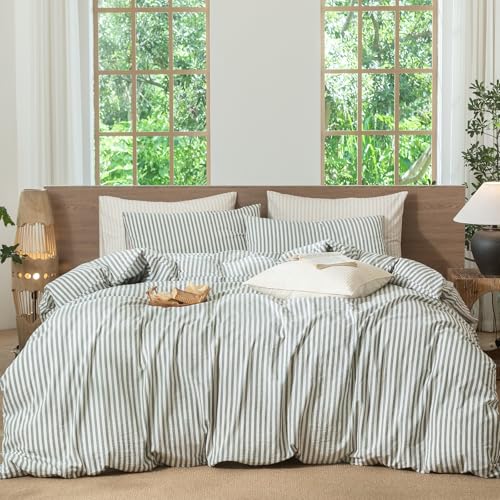 Image of MooMee Striped Duvet Cover Set 100% Washed Cotton Linen Like Cal King | Relaxed Linen-like Texture. Soft, Breathable & Long-lasting Comfort. Lightweight. Hidden Zipper with 8 Interior Corner Ties