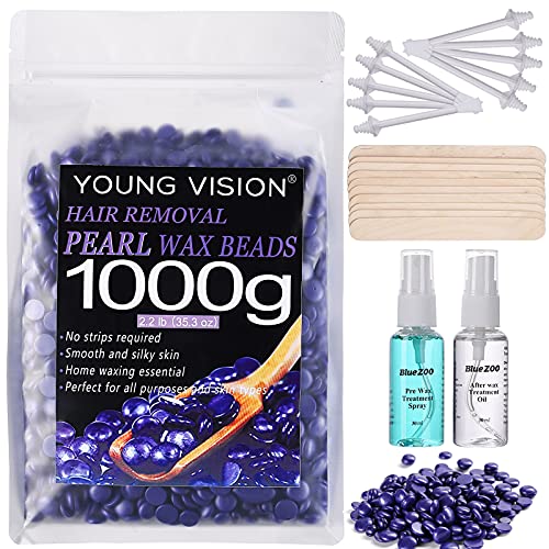 YOUNG VISION Pearl Hard Wax Beads for Hair Removal, Wax Beans 1000 g/2.2 lb/35 oz for Home Waxing, Painless Bikini&Brazilian Waxing Beads, Thick/Coarse Hair Removal Wax Kit, Sensitive Skin Friendly