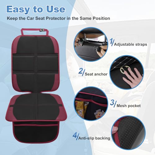 Image of Car Seat Protector for Child, 2 Pack With Mesh Pockets & Non-Slip Backing 600D Durable Under Baby Seat Cover for Back Seat (Burgundy, Standard)