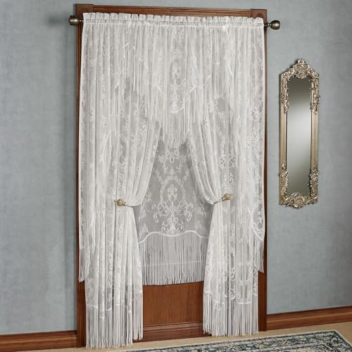 Queen's Lace Fringed Window Treatments | Antique White | Traditional Medallion Motif Polyester Lace with Long Self-Fringed Edges | 5-pc Set: Ascot Valance, 63L Swag Pair, 1-63L Panel, & 2-95L Curtains