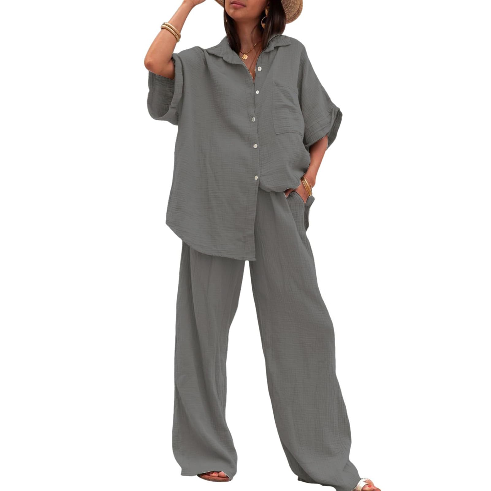 amropi Donna Tuta a Maniche Corte Camicia Bottone e Pantaloni a Gamba Larga Estate Loungewear Set