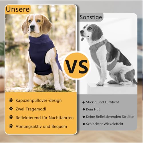 Beruhigungsweste für Hunde mit Kapuze & Reflektorstreifen – Weich & Verstellbar Atmungsaktiver Hundemantel zur Stressreduktion bei Feuerwerk, Gewitter & Reisen (Dunkelblau, XL)