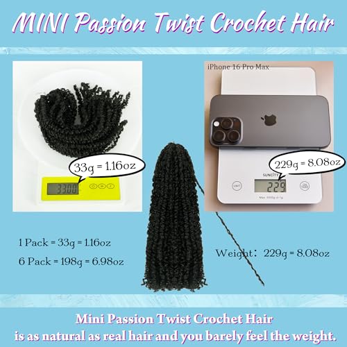 Mini Passion Twist Crochet Hair for Black Women-10 Inches 6 Packs Natural Black Pre Twisted Elastic and Cuttable Hair Extensions,Braided by Soft Synthetic Twist Bohemian Curl(10"-6P,1B)