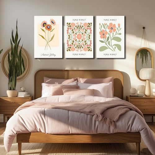Image of SKYRISE 3 PCS Boho Floral Canvas Wall Art, Rustic Botanical Canvas Paintings Prints ArtWork for Living Room, Vintage Flower Pictures for Farmhouse Dining Room Hallway Bedroom Wall Decor 24 inchx36 inch