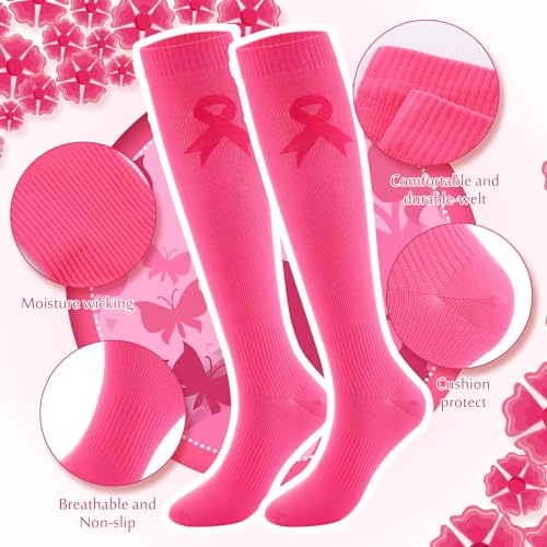 Cozypower 12/24/36 Pairs Breast Cancer Awareness Socks Pink Ribbon Soccer Softball Baseball Football Socks for Women2