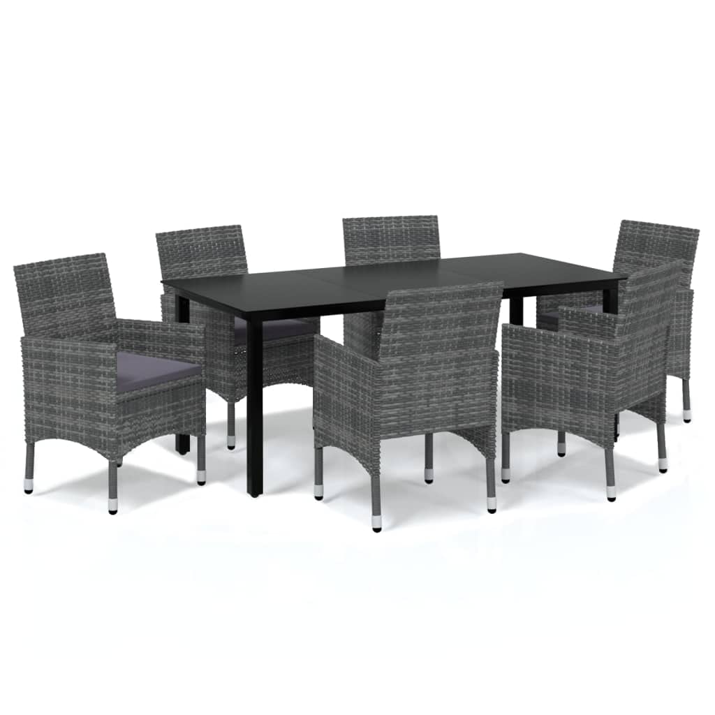 Set da pranzo da giardino in polyrattan grigio, con 6 sedie e tavolo in vetro, cuscino confortevole per terrazza, balcone, esterno