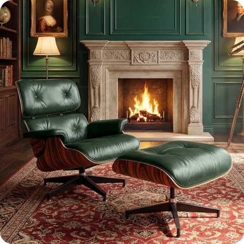 Image of Luxury Top Green Grain Leather, Mid Century Chaise Lounge Chair and Ottoman, Modern Chair Classic Design, Rosewood, Heavy Duty Base Support for Living Room Office