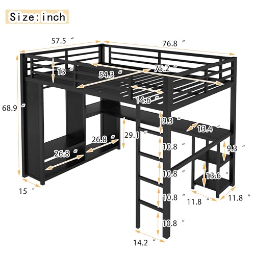 Image of Bellemave Full Size Loft Bed with Desk, Wardrobe, Metal Full Loft Bed Frame for Adults, Kids, Teens, Black
