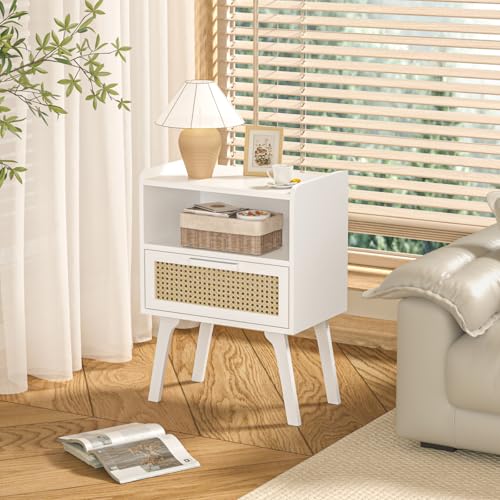 Image of Lerliuo Rattan Nightstands Set of 2, Bedside Table with Drawer Open Shelf | Cane Accent Side End Table with Solid Wood Legs, White Mid Century Night Stand for Bedroom, Dorm and Small Spaces