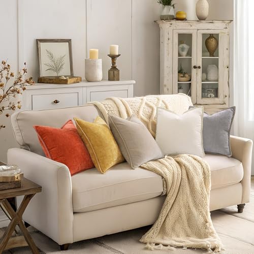 Image of decorUhome Fall Chenille Soft Cozy Throw Pillow Covers 16x16 Set of 2, Modern Farmhouse Boho Velvet Decorative Pillow Cases with Stitched Edge for Couch Sofa Bed Home Decor, Mineral Yellow
