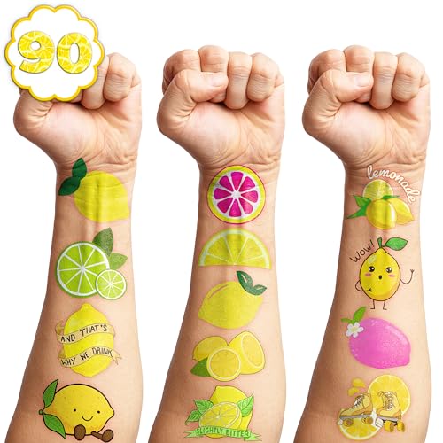 Lemon Temporary Tattoos 89 PCS Yellow Lemonade Citrus Party Decorations Favors Supplies Lime Soda Fruit Theme Birthday Cute Tattoo Stickers Christmas Gifts for Boys Girls Kids School Prizes Carnival