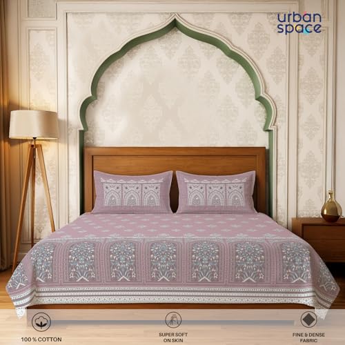 Image of Urban Space Regal 300 TC 100% Cotton Bedsheet for Double Bed, Panel Design Bedsheet, Printed Queen Size Bed Sheet with 2 Pillow Covers (90 x 108 Inches, Jharokha Mauve)
