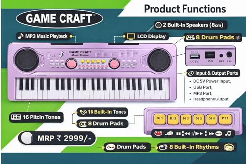 Image of Piano 49-Key Portable Electronic Keyboard Music Station with MP3 Function, Dual Speakers, 16 Tones, 8 Rhythms & 6 Demo Songs