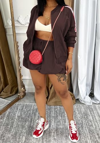 Women Mini Skirt Sets 2 Piece Outfits Zipper Long Sleeve Bomber Jacket High Waisted Bubble Skirt Set Tracksuit Party2