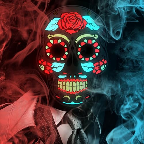 Meetory Máscara LED de Halloween para adultos, máscara de rosa do Dia dos Mortos com 3 modos de iluminação e diadema ajustável, máscaras faciais de Halloween para homens, mulheres e crianças