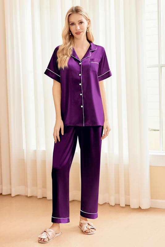 Image of Ekouaer Silk Pajamas for Women Set Satin Soft Short Sleeve Button Down Pjs | 3 Piece Loungewear,Comfy Sleepwear,Silky Smooth Fabric,Gift for wedding,Bridal Party,Coffee Time,Vacation