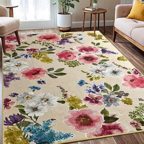 Bedroom Rug 3x5 Washable Rug Non-Slip Boho Floral Area Rug Low Pile Small Carpet Rug for Bedroom Bedside, Entryway, Kitchen, Home Office, College Dorm Girls Room (Beige) Cover