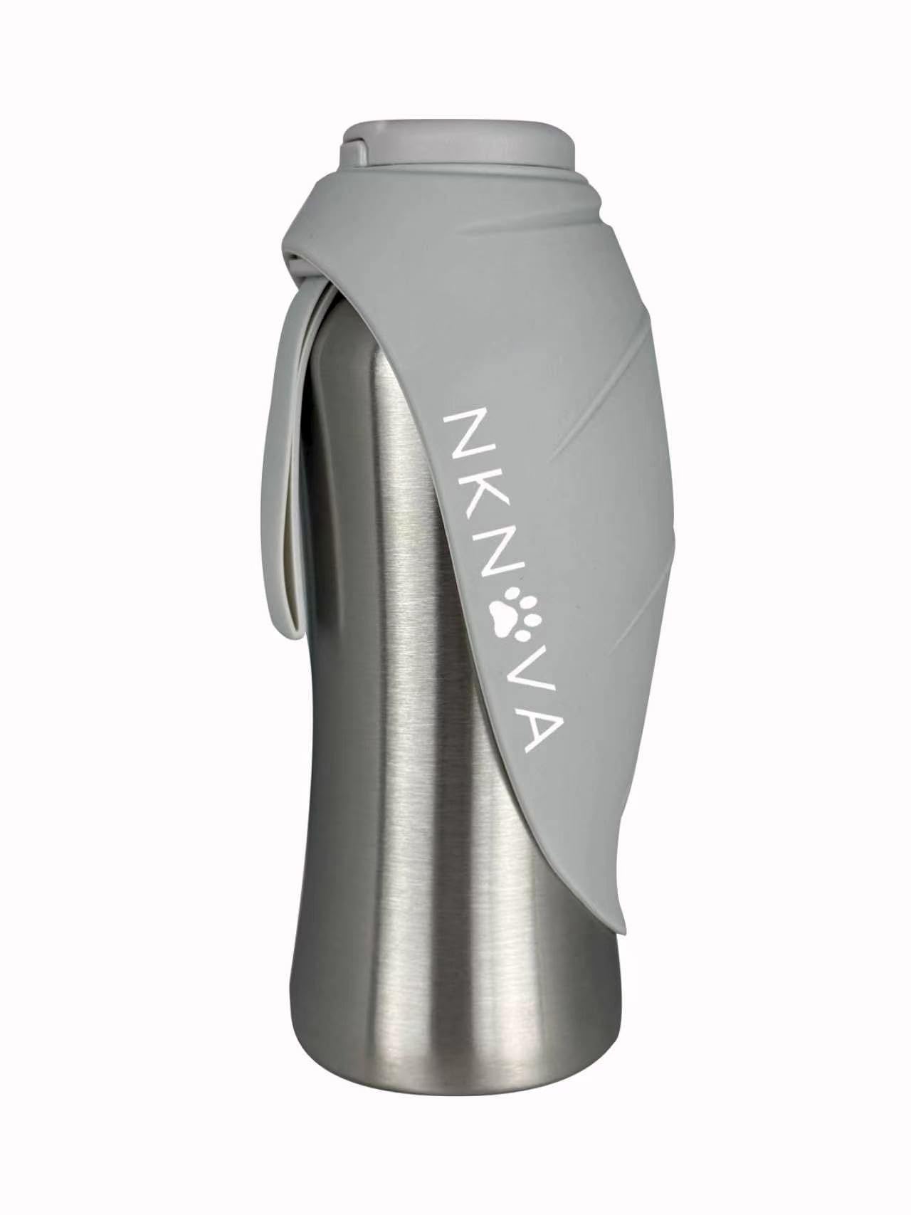 NKNova Stainless Steel Pet Water Bottle 800ml, Foldable Bowl, BPA Free, Leak Proof, Portable Dog Water Bottle for Walking, Hiking and Travel (Grey)