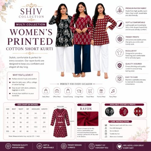 Image of Women's Printed Reyon Short Kurti Combo Pack of 3 Regular Fit Half Sleeve Square Neck Casual Soft Breathable Kurti for Office, College, Travel, Home (in, Alpha, XL, Multicolor)