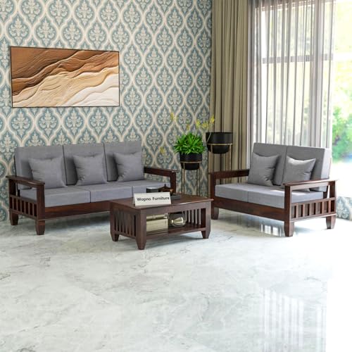 Image of Sheesham Wooden 5 Seater Sofa Set for Living Room | Rosewood Cushion Sofa with Side Newspaper Holder for Home & Office | Solid Wood Sofa Set for Lounge (Walnut, 3+2 Seater)