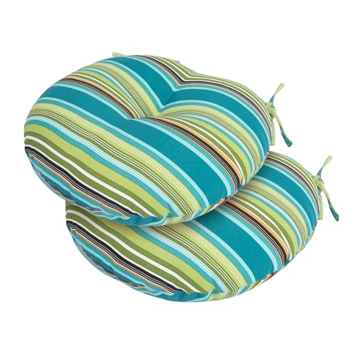 Bistro Chair Cushions 18 inch,Set of 2,Tufted Round Chair Cushions with Ties,18"x18"x4",Water Resistant Round Seat Cushion for Barstool Chairs,Patio Garden Kitchen Outdoor Furniture(Green Stripe)
