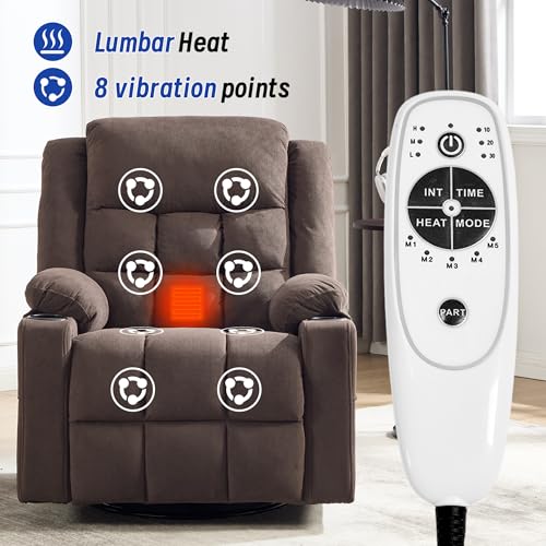Image of Swivel Recliner Chair for Adults with Massage and Heat,Manual Glider Rocking Recliner Chair with Cup Holds and Pockets,Reclining Rocker Chairs for Living Room R8811(Cocoa)