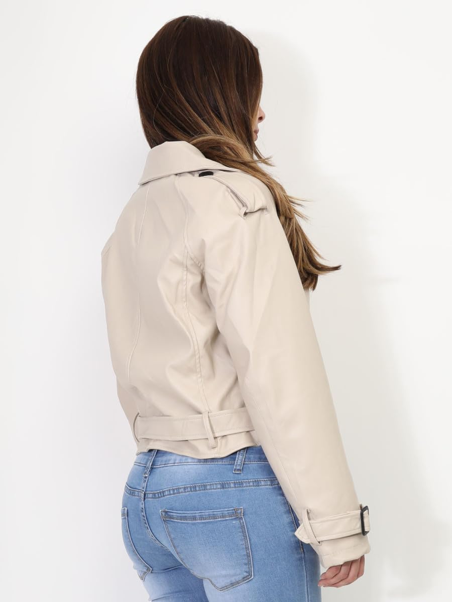 La Modeuse - Giacca stile trench in finta bavolet con cintura, beige, L