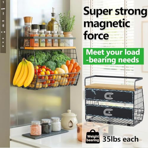 Image of Fridge Side Storage Rack Refrigerator Accessories Magnetic Shelf for Fridge with Wood Lid-1Pcs Refrigerator Side Hanger Fruit Potato Onion Storage Bins Pantry Organizer for Refrigerators