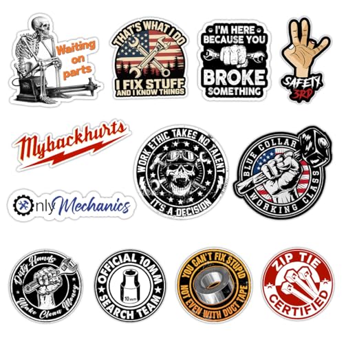 12Pcs-3 Mechanic Sticker Funny Hard Hat Sticker Electrician Construction Worker Welding Welder Helmet Stickers Diesel Mechanics Gift for Blue Collar Men Car Decal for Bottle Toolbox Window (P12)