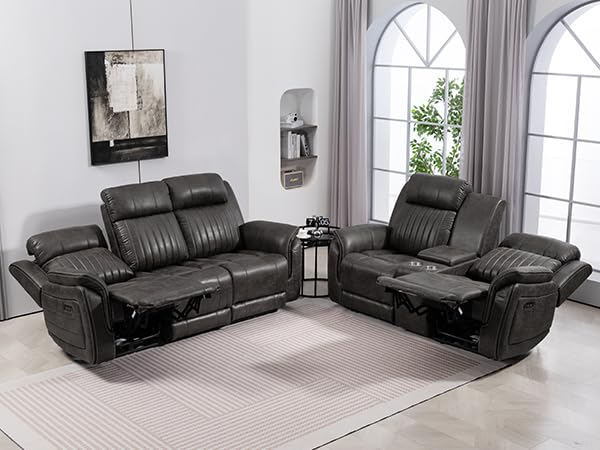 Consofa Zero Gravity Power Reclining Sofa Set, 2 Pieces Reclining Living Room Set with Adjustable Headrest, Power Reclining Sofa and Loveseat with