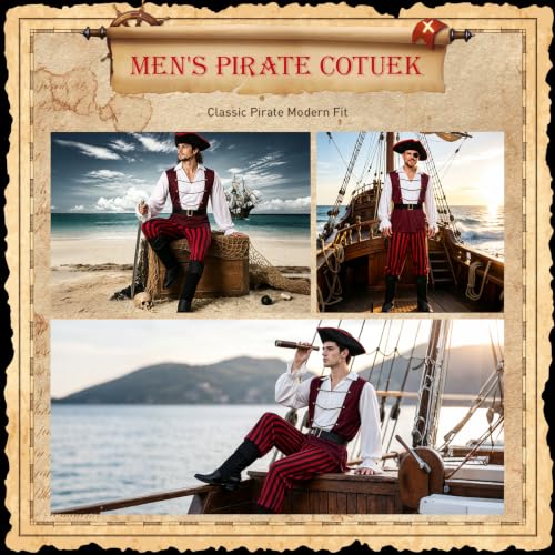 kitsezt Men Pirate Costume, Adult Pirate Shirt Vest Viking Pants Hat Set - image 7
