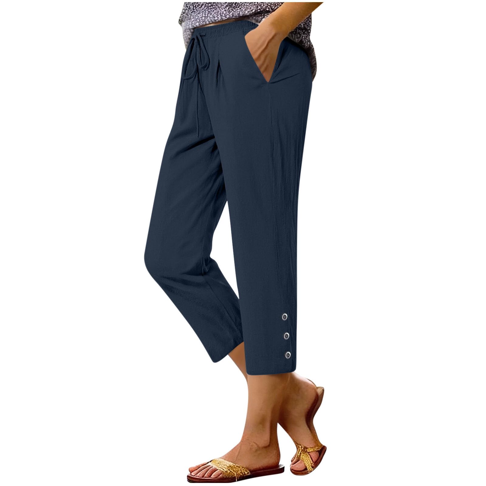 Summer Cotton Linen Capri Pants for Women High Waist Drawstring Straight Leg Capris Casual Beach Cropped Lounge Pant - 1