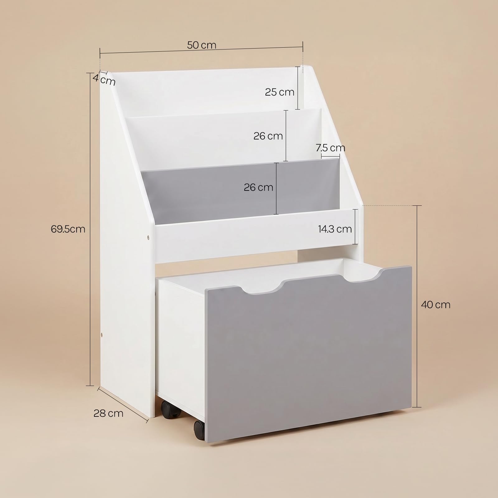 WOLTU Estantería para Niños, Librero Infantil | con 4 Ruedas y 5 Estantes Pequeños, para Habitación Organizador Multiusos, Estante de Mini Libreria, Blanca+Gris