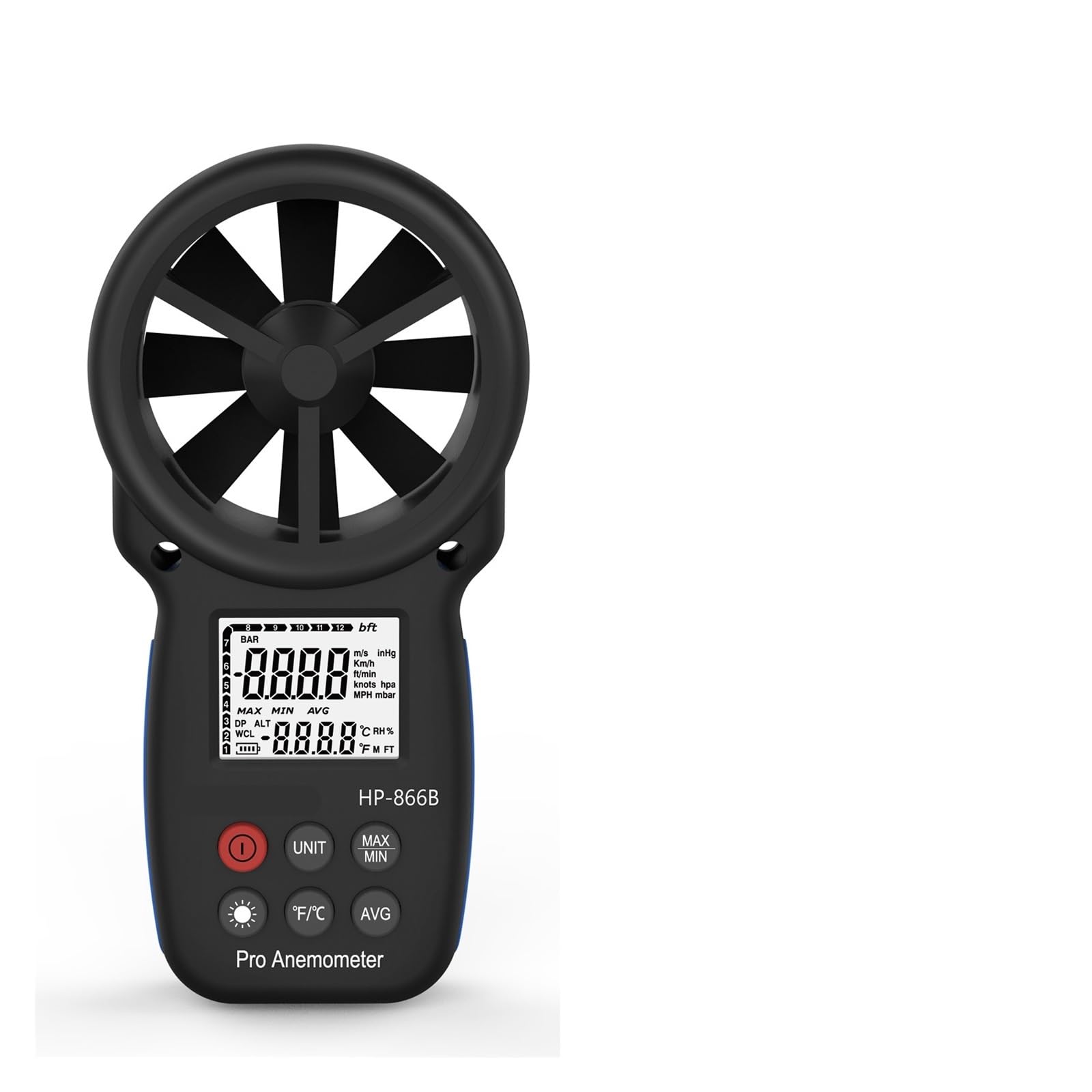 Anemometry, Anemometr, wskaźnik prędkości wiatru i temperatury, wskaźnik odczuwalnej temperatury, przenośny, wyświetlacz LCD, prąd/średnia/maks./min.