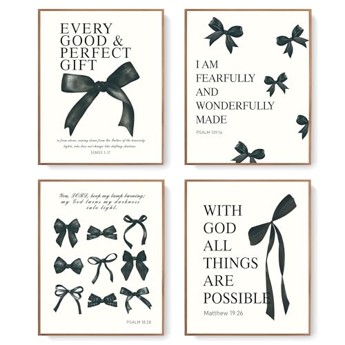 Image of LARTSFRO Coquette Black Bow Bible Wall Art Decor Posters, Black Bow Room Bedroom Bathroom Dorm Wall Art Decor Aesthetic for Teen Girls Gifts, Inspirational Bible Verses Bow Wall Decor, 12x16 Inch Set of 4 Pcs Bow Pictures (UNFRAMED)
